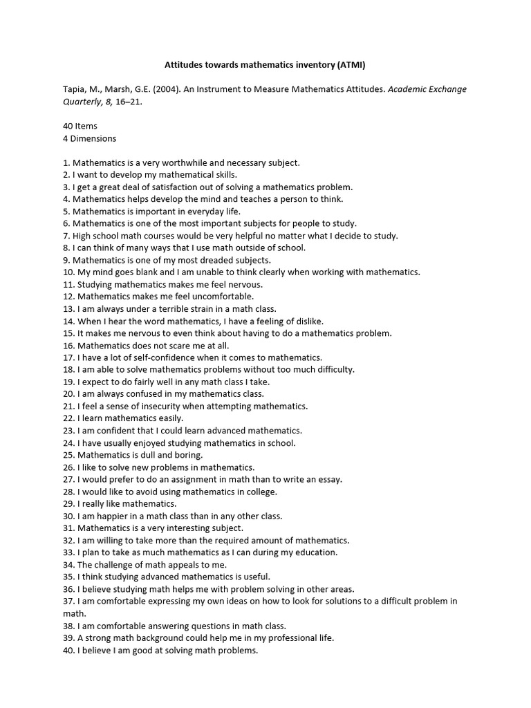 ATMI: Measuring Math Attitudes | PDF | Mathematics | Behavior Modification