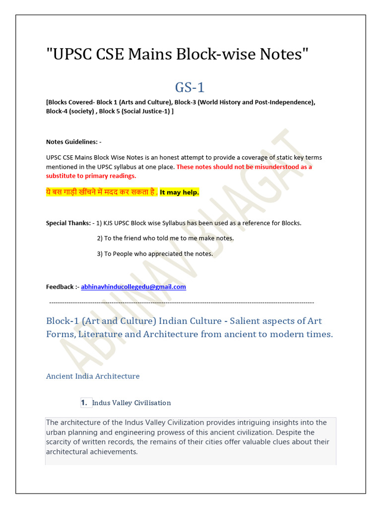 UPSC GS-1 Block-wise Notes Summary | PDF | Sufism | Ahimsa