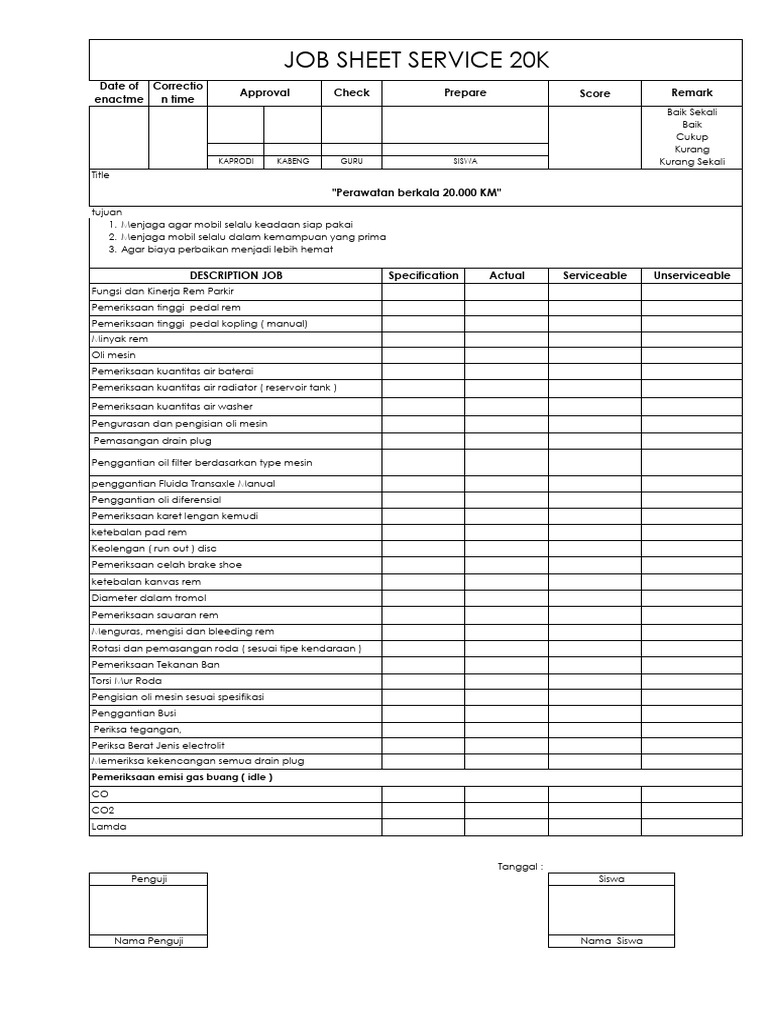 Job Sheet Servis Berkala 20.000 KM | PDF