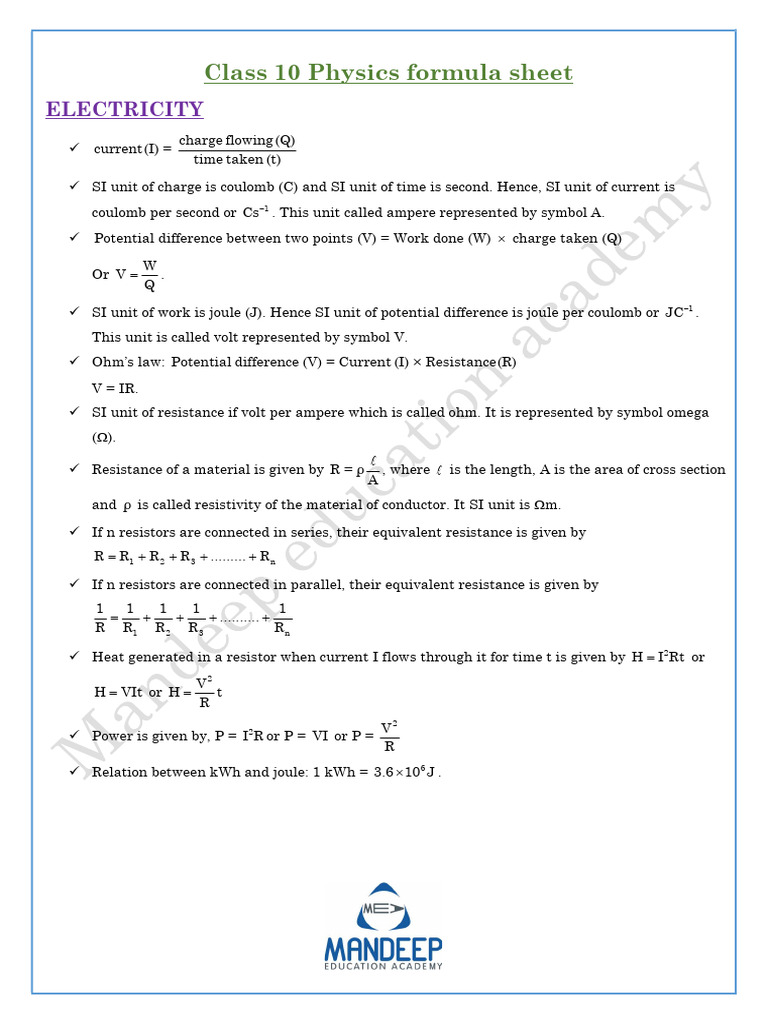 Class 10 Physics Formula Sheet | PDF | Electrical Resistance And ...