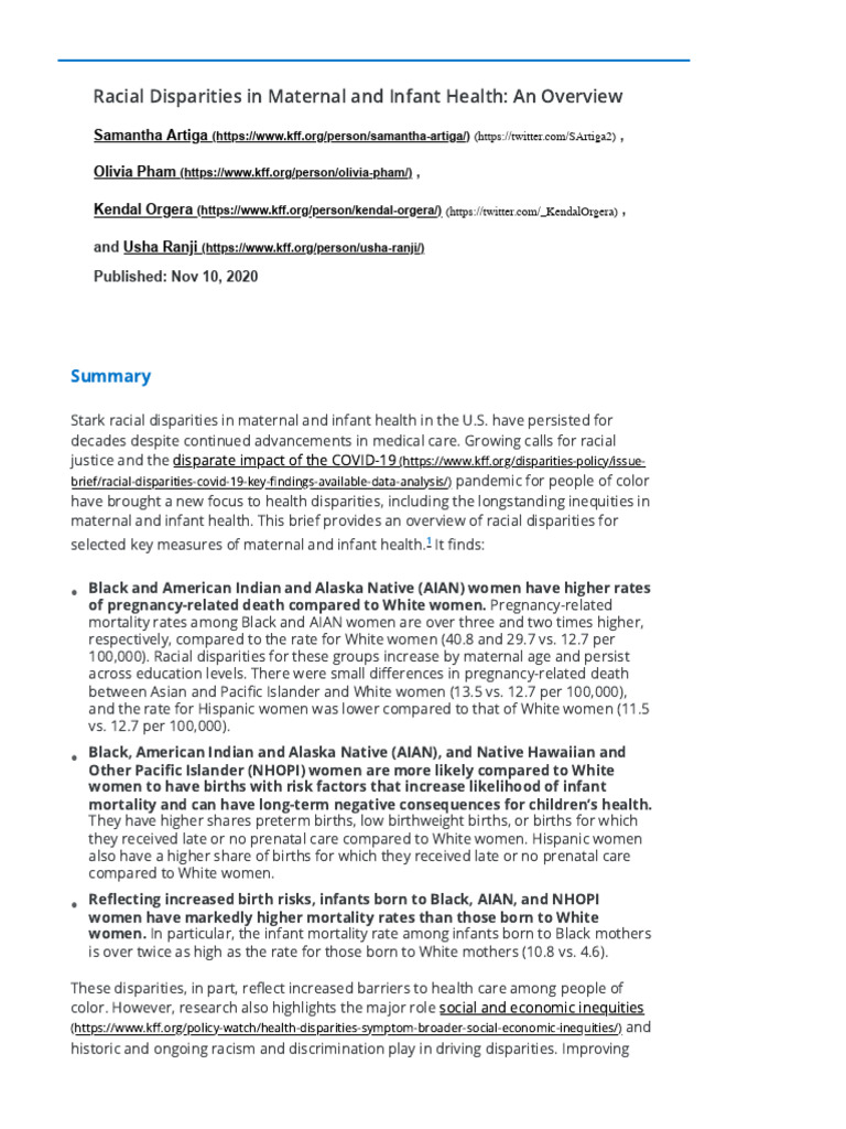 Racial Disparities in Maternal and Infant Health An Overview Issue