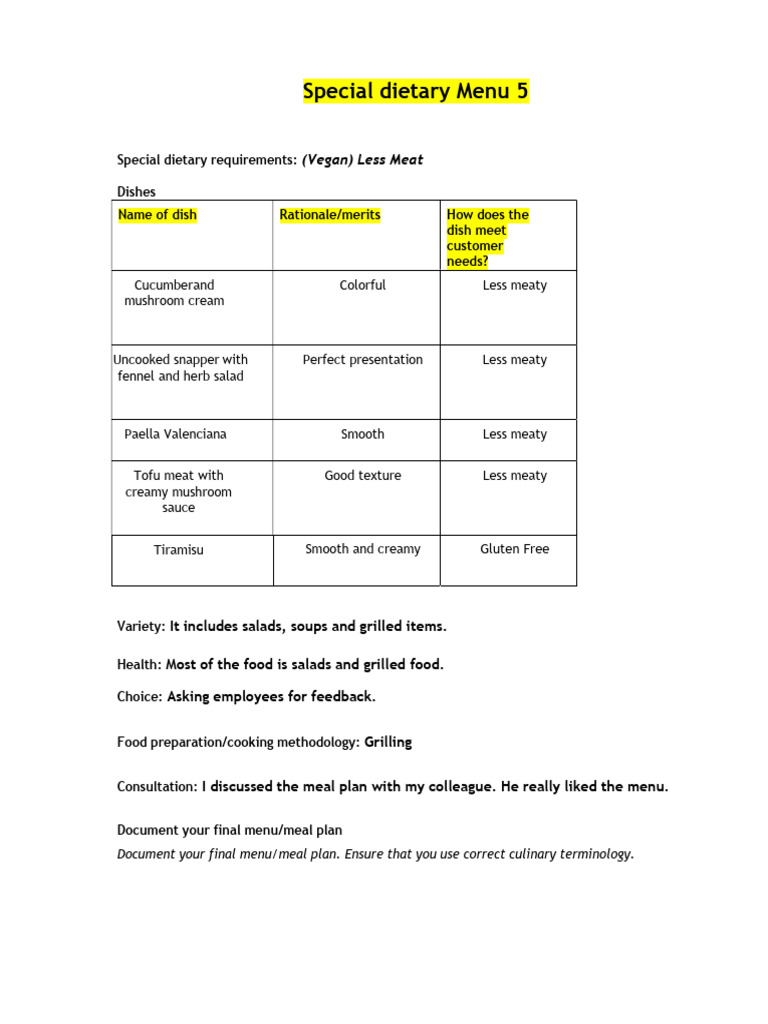 Less Meat Special Dietary Menu 5 | PDF | Stir Frying | Custard