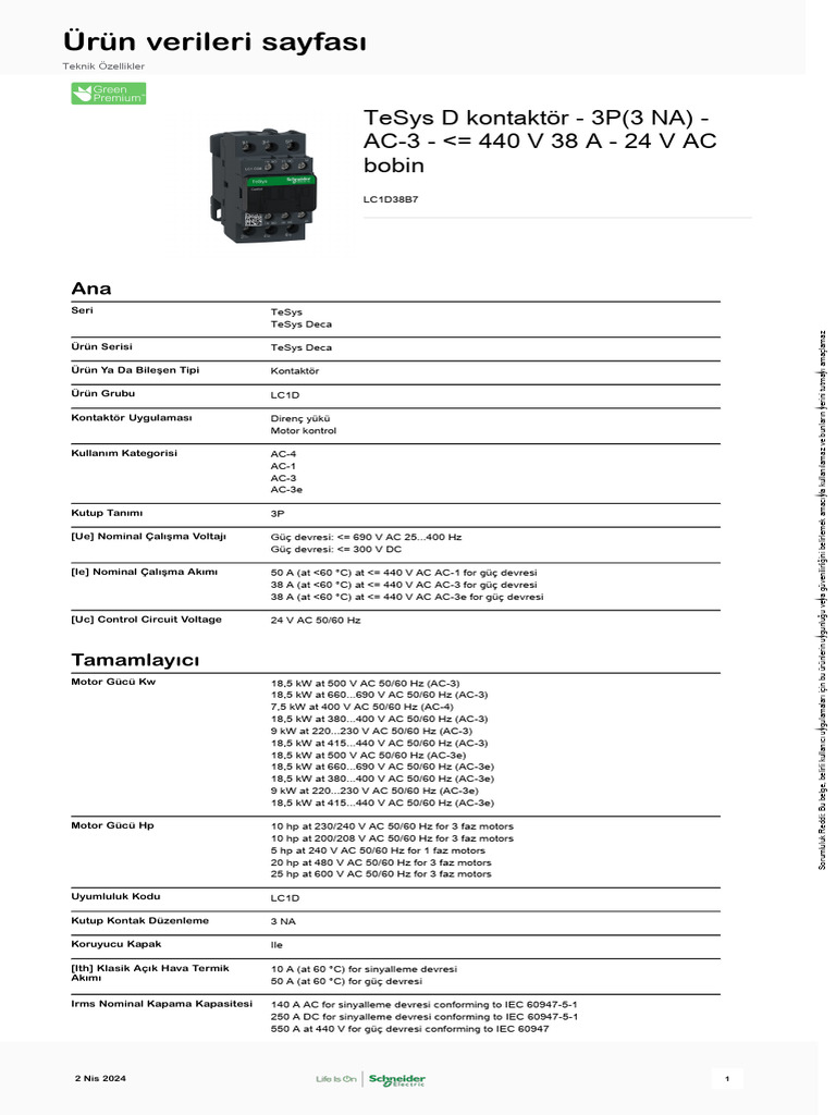 LC1D38B7 - Schneider Electric - TeSys-Deca-Kontaktörler - LC1D38B7 | PDF