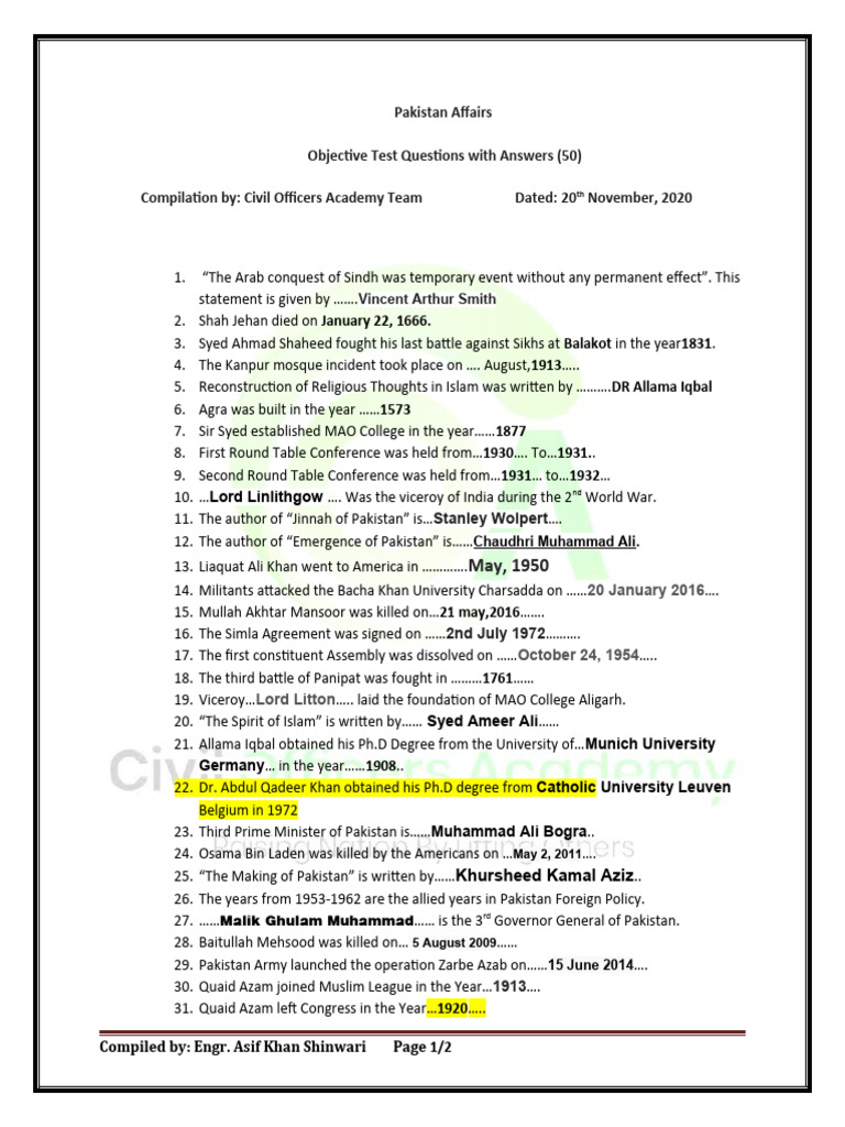 Pakistan Affairs Quiz: 50 Questions & Answers | PDF | Pakistan ...