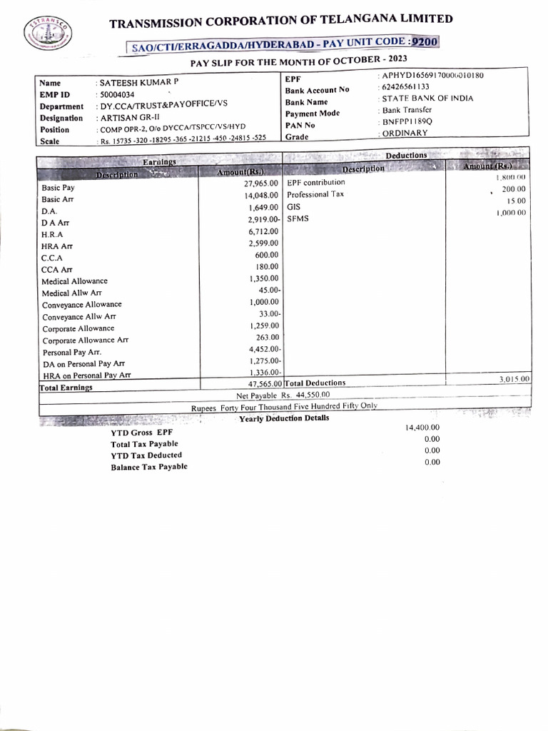 Telangana Employee Pay Slip Summary | PDF | Taxes | Services (Economics)