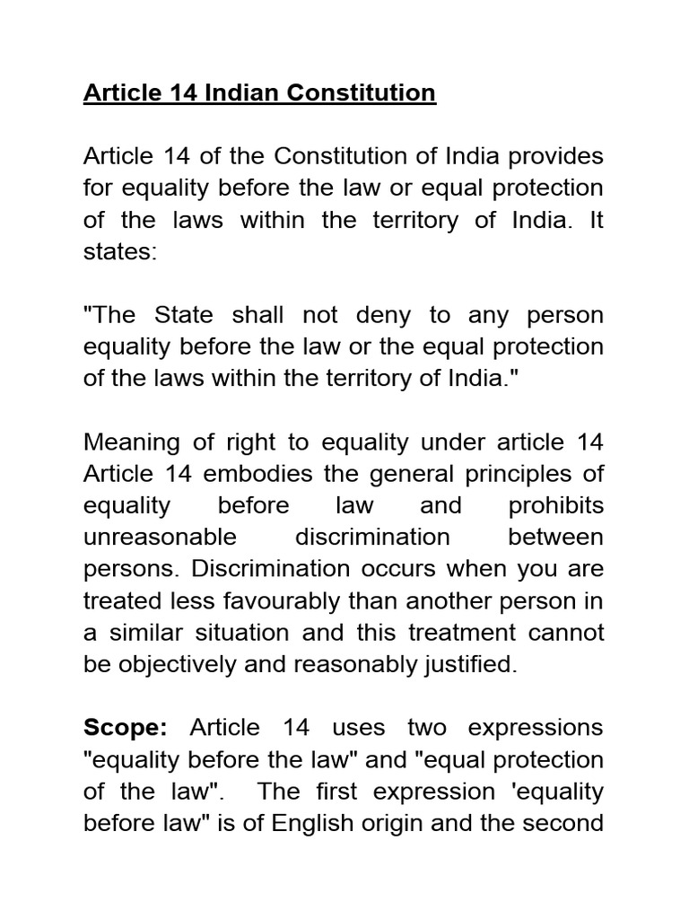 Article 14: Right to Equality in India | PDF | Equal Protection Clause ...