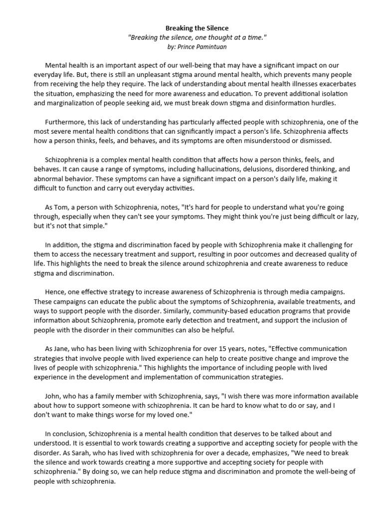 Breaking The Silence Schizophrenia | PDF | Mental Health | Schizophrenia