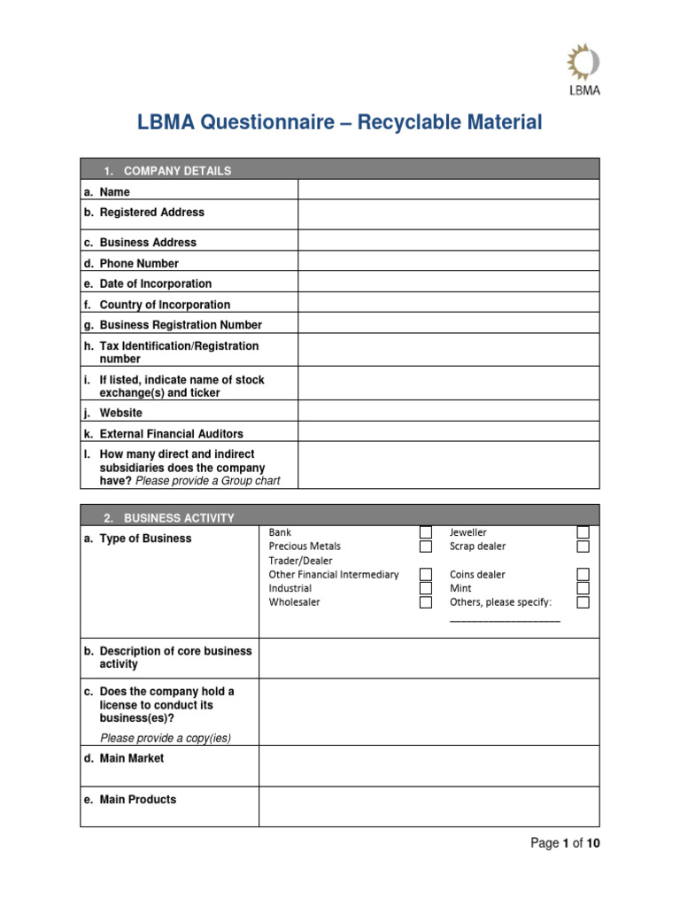 KYC Questionnaire LBMA Recycled Sept 2017 | PDF | Bullion | Money