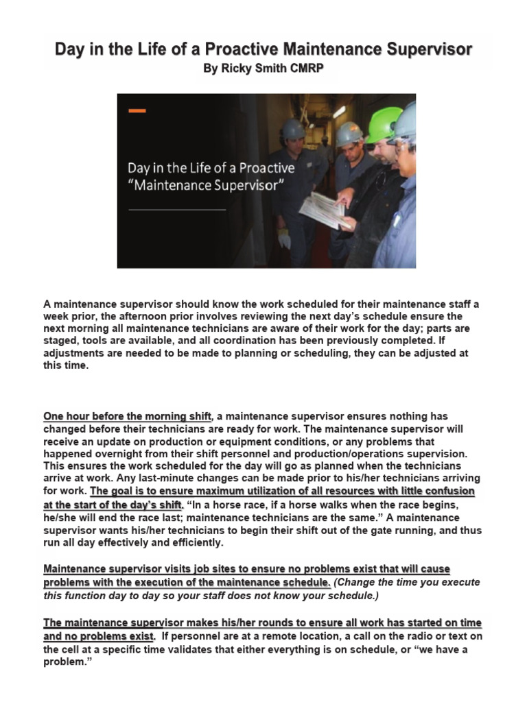 Day in The Life of A Proactive Maintenance Supervisor | PDF ...