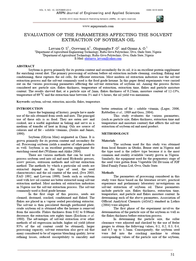 Evaluation of The Parameters Affecting The Solvent Extraction of Soybean Oil Download Free PDF