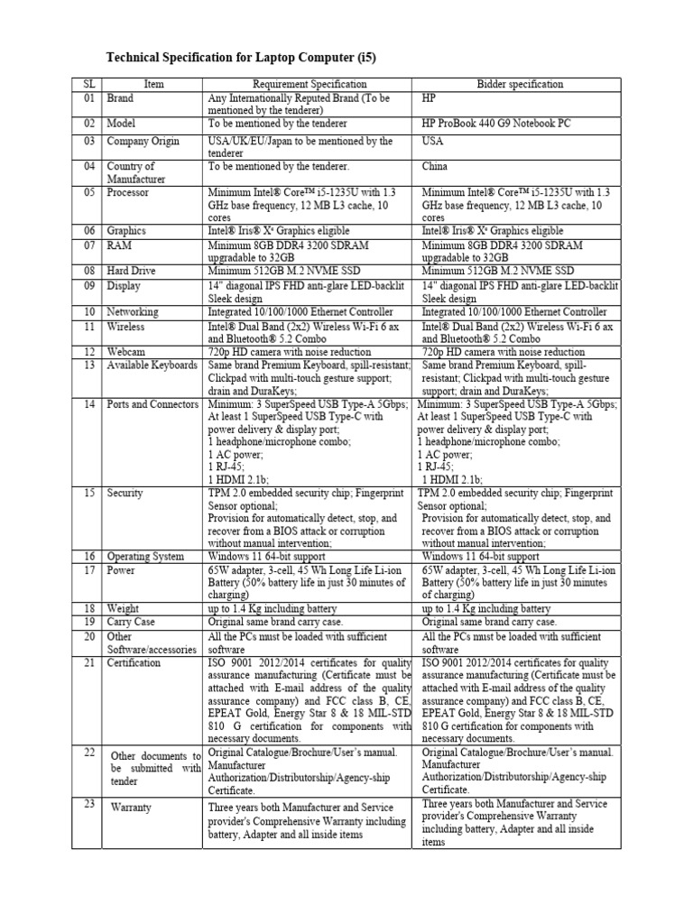 Technical Specification Core i5 Laptop | PDF | Laptop | X86 Architecture