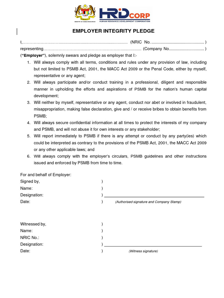 Employer Integrity Pledge Document | PDF