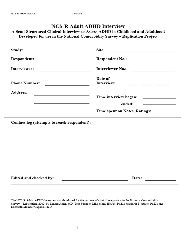 NCS-R Adult ADHD Clinical Interview | PDF | Psychiatry | Mental Disorder