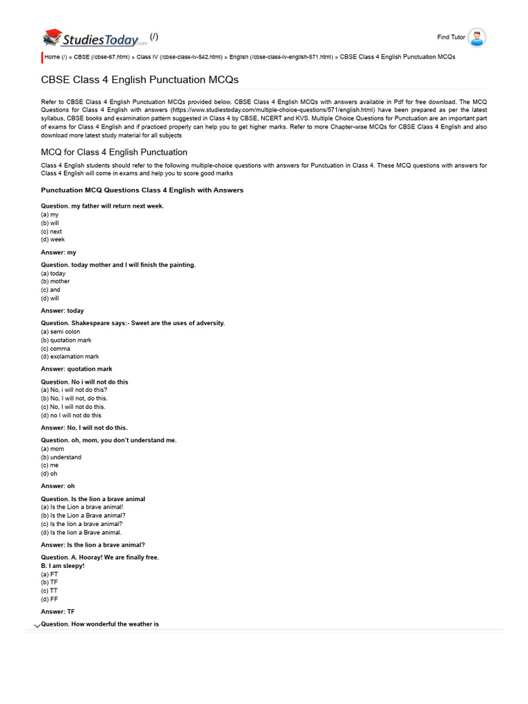 CBSE Class 4 English Punctuation MCQs, Multiple Choice Questions | PDF ...