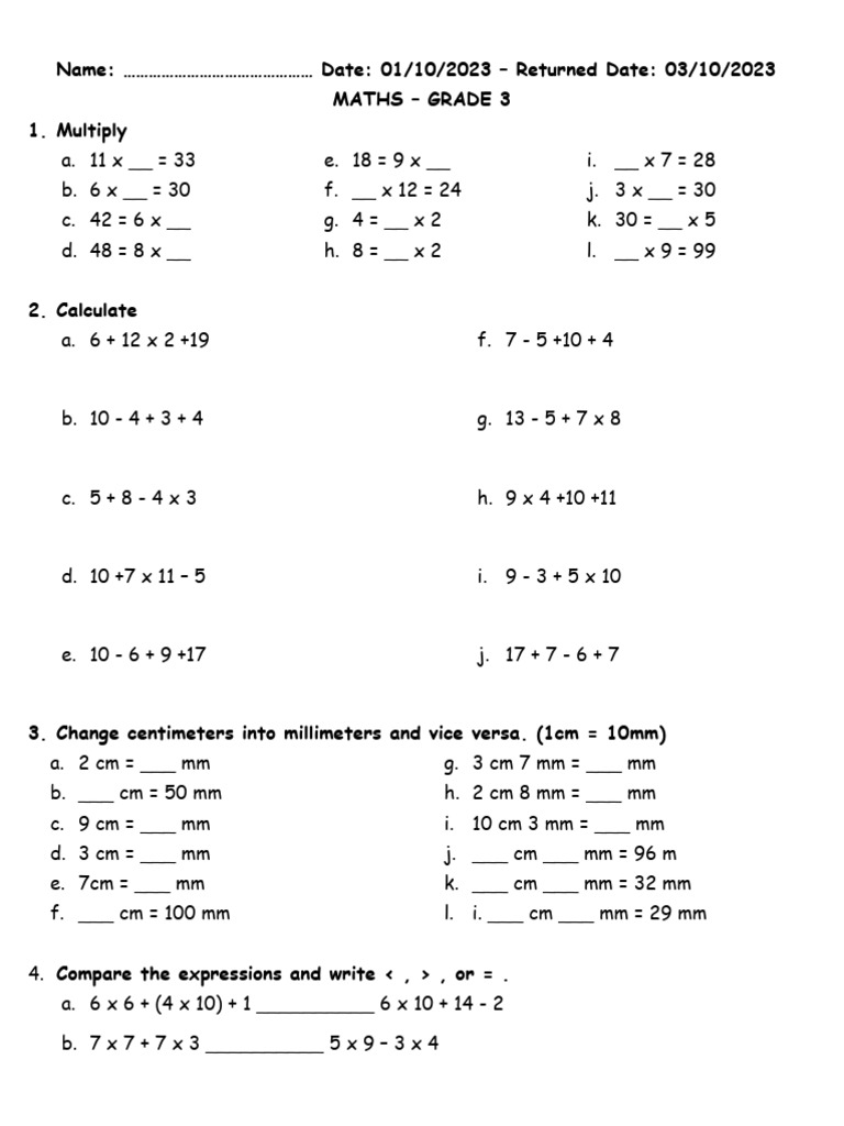 Name date 01 10 2023 returned date 03 10 2023 maths grade 3 1