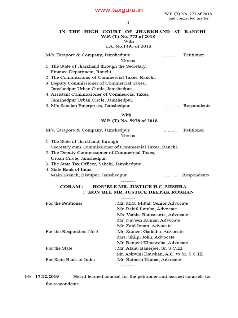 Tarapore company vs state of jharkhand through the secretary jharkhand
