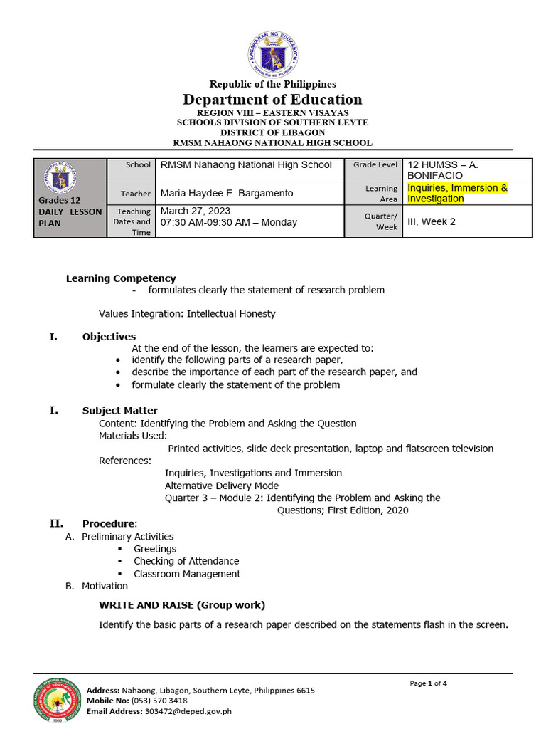Daily lesson plan 3is q3 w2 cot pdf cognition learning
