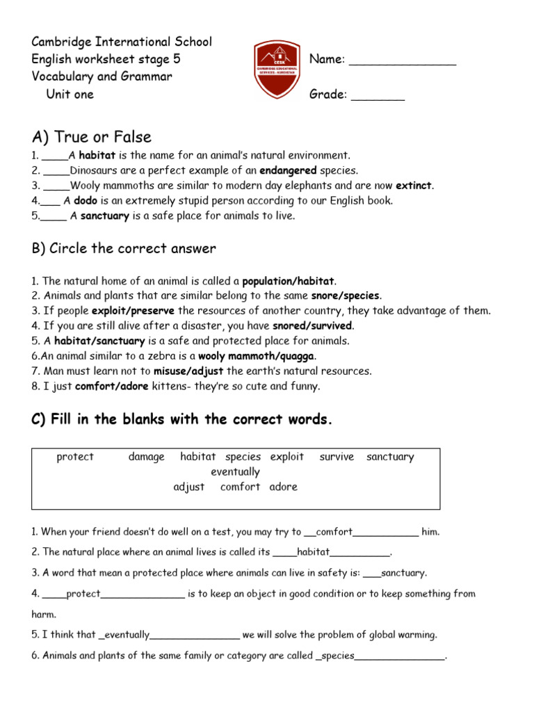 Grade 5 English Worksheet: Vocabulary & Grammar | PDF | Grammar ...