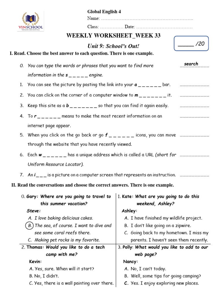 Weekly Worksheet: Unit 9 Activities | PDF
