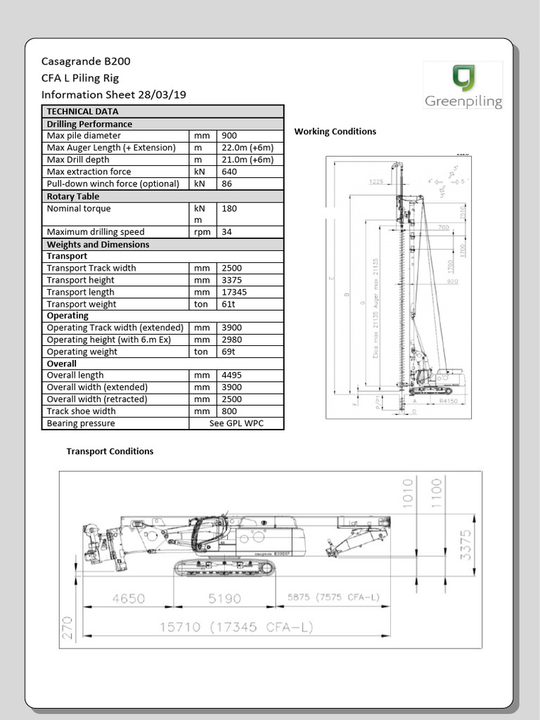 Casagrande B200 CFA Piling Rig Specs | PDF | Technology & Engineering