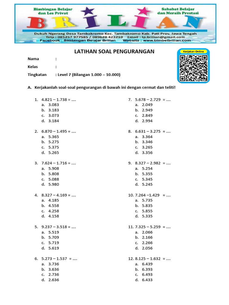 Soal Pengurangan Level 7 1 000 10 000 Dan Kunci Jawaban Pdf