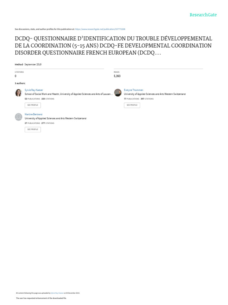 Questionnaire DCDQ-FE pour enfants 5-15 ans | PDF | Sensibilité et ...
