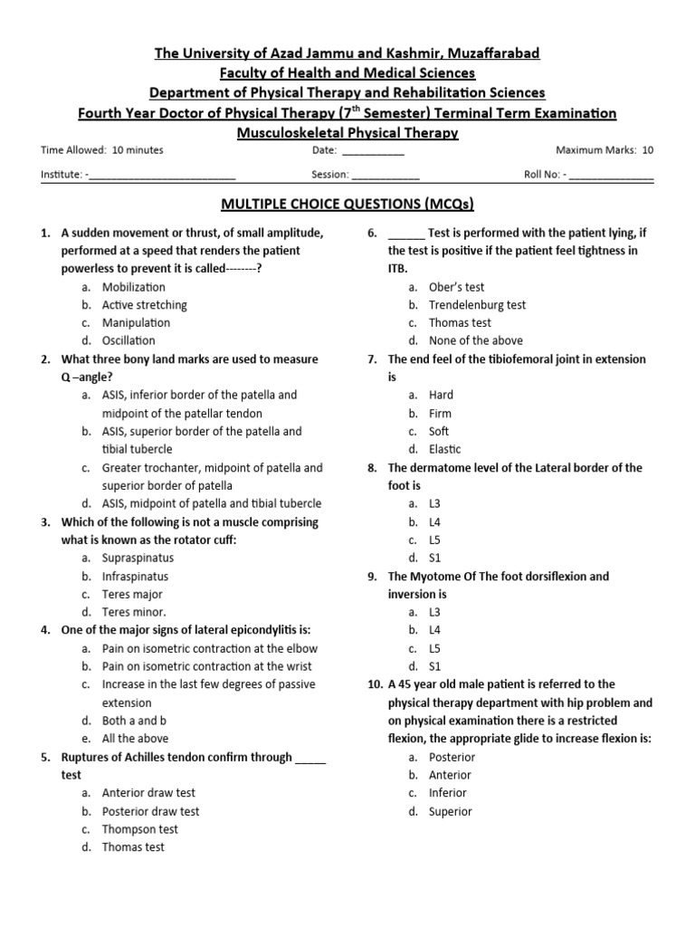 DPT 7 Musculoskeletal Exam Questions | PDF | Physical Therapy ...