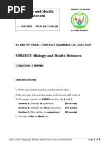 S3 Biology End of Term2 District Exam, 2023-2024