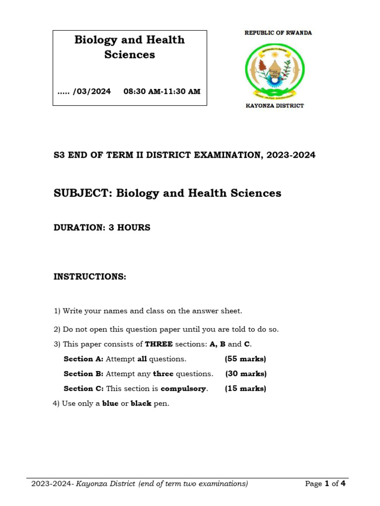 S3 Biology End Of Term2 District Exam 2023 2024 Pdf Digestion Nerve
