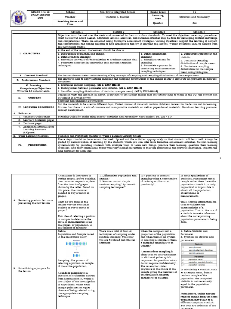 Grade 11 Statistics Lesson Plan: Sampling | PDF | Sampling (Statistics ...