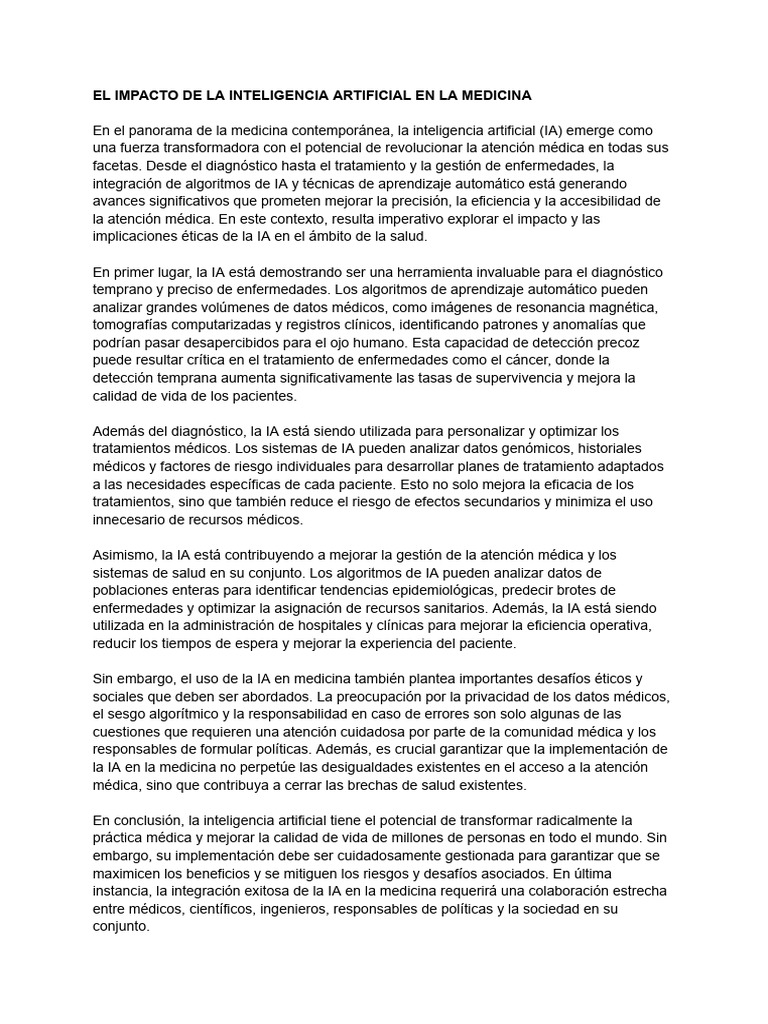 El Impacto de La Inteligencia Artificial en La Medicina | PDF ...