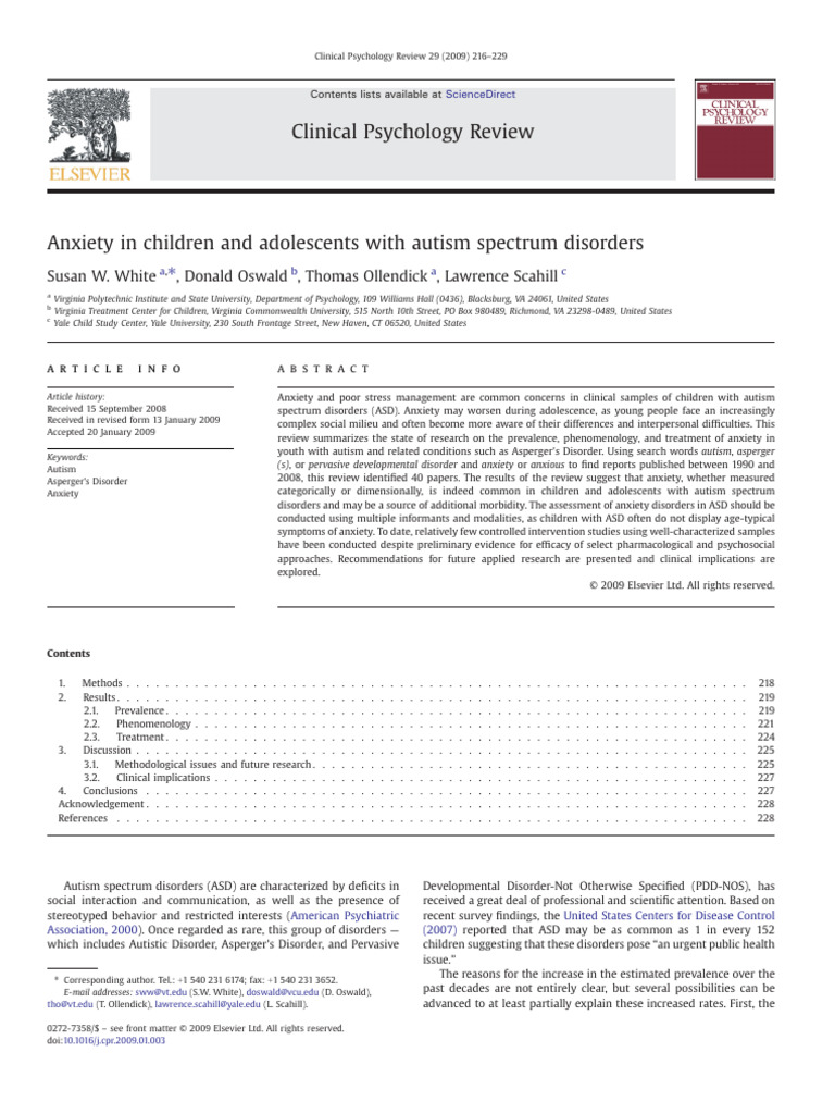 Anxiety in Children and Adolescents With Autism Spectrum Disorders ...