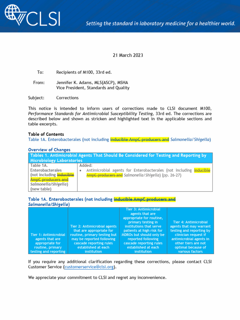 Corrections to CLSI M100, 33rd Ed. | PDF | Science & Mathematics
