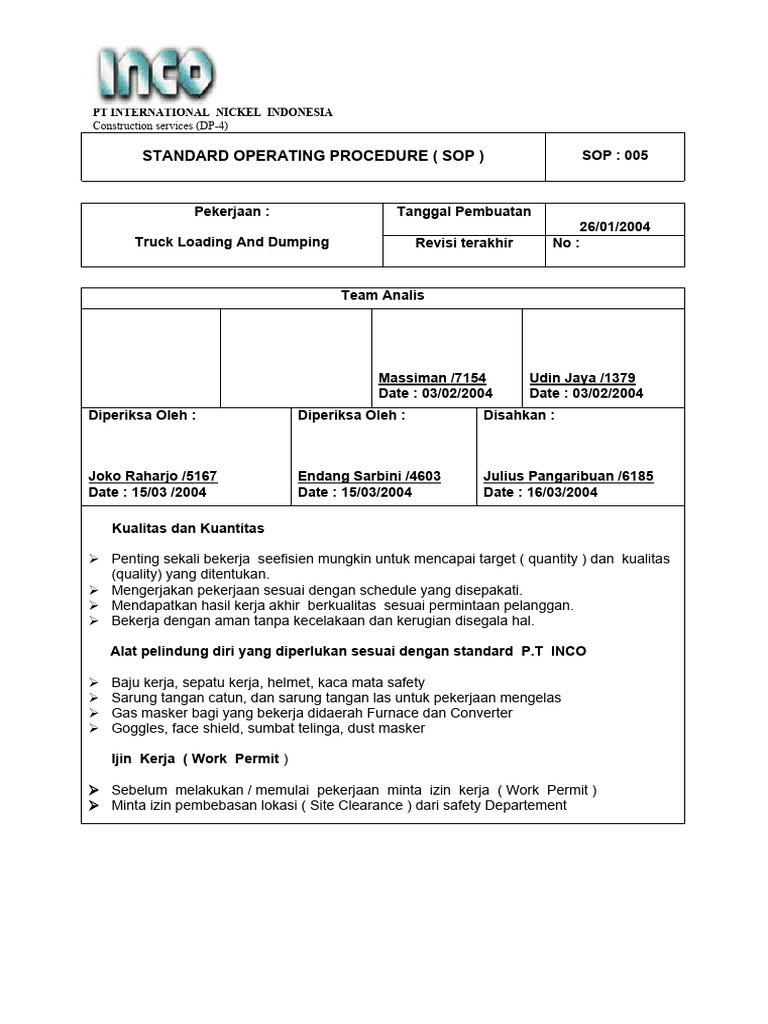 SOP Truck Loading dan Dumping INCO | PDF