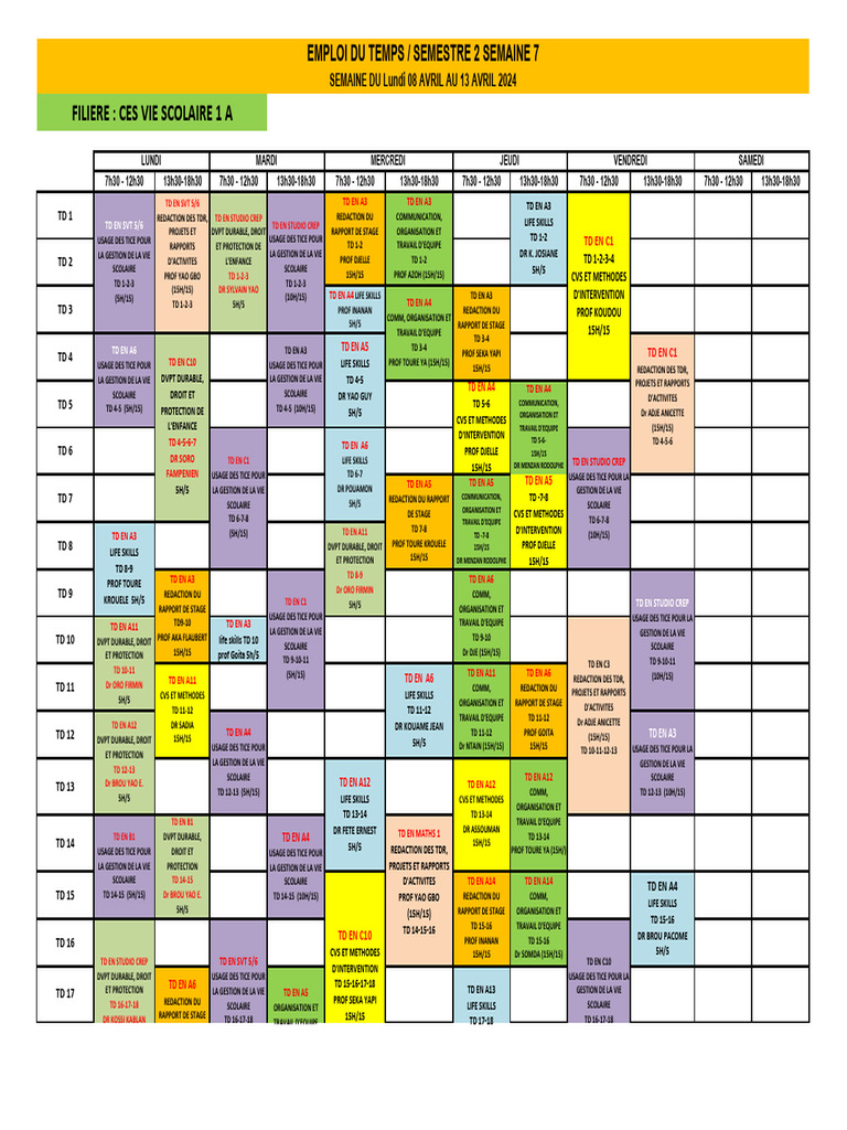 Emploi du temps S2 - Semaine 7 et 8 | PDF