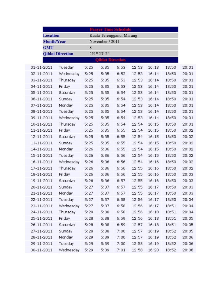 Prayer Time Schedule PDF