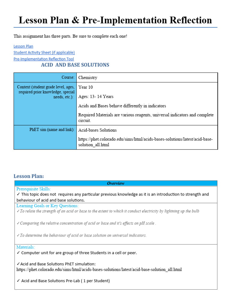 Acid-Base Solutions Lesson Plan | PDF | Lesson Plan | Simulation