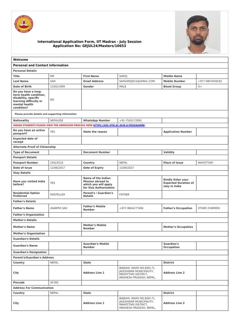 IIT Madras International Application Form | PDF | Machine Learning ...