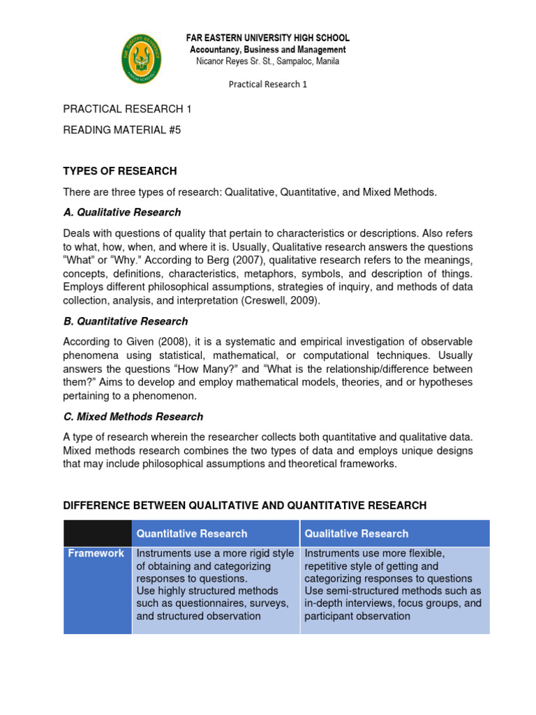 Types of Research: Qualitative vs. Quantitative | PDF | Methodology ...