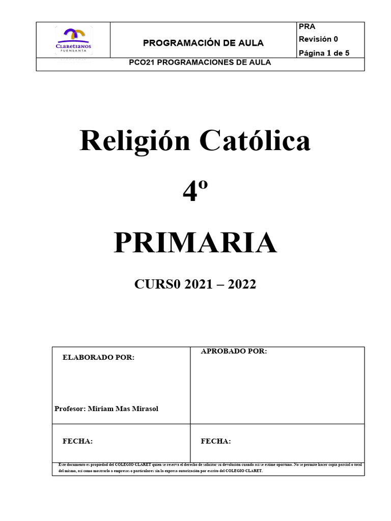 Programación Religión 4º Primaria | PDF | Plan de estudios | Salón de ...