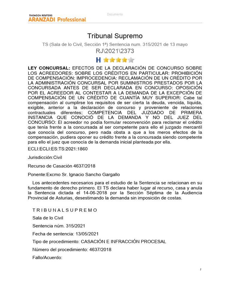 Sentencia TS 315/2021 sobre concurso | PDF | Liquidación | Sentencia (ley)