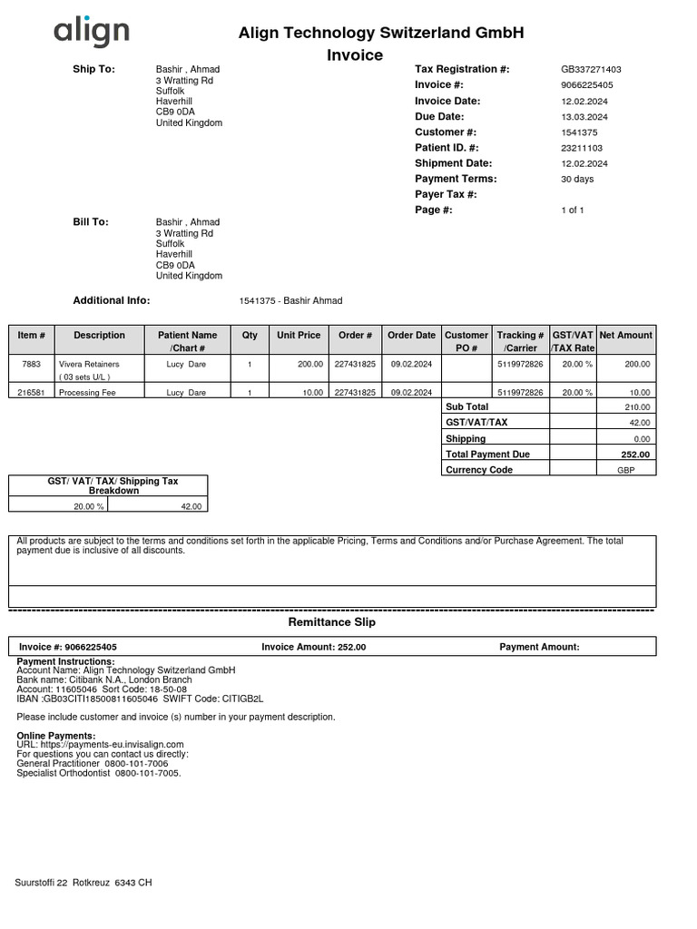 Align Technology Switzerland GMBH Invoice PDF Invoice Value Added Tax