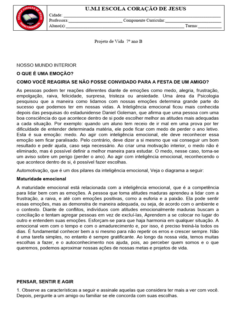 Atividade Projeto De Vida 7º Ano 3 Pdf Emoções Inteligência