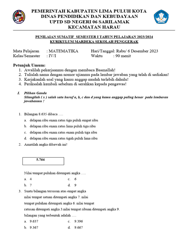 Soal Sumatif Matematika Kelas 4 Semester 1 | PDF