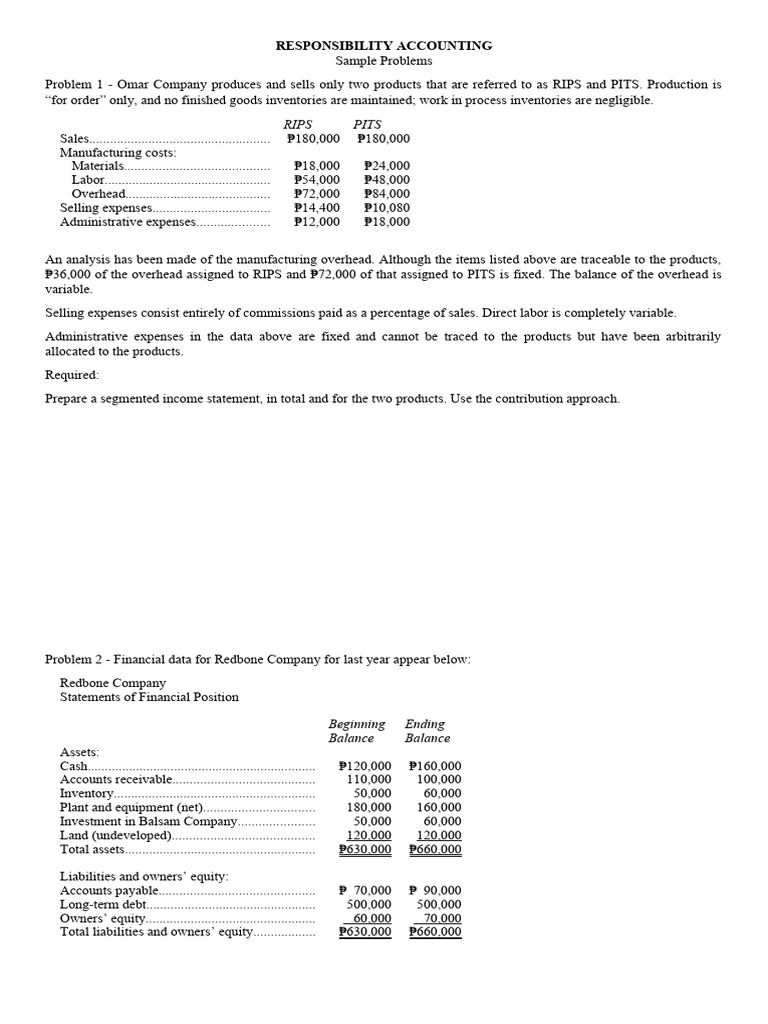 1.3.1 Responsibility Acccounting Sample Problems | PDF | Equity ...