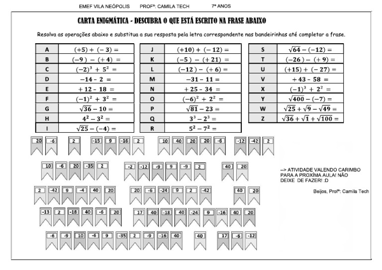 Atividade - Carta Enigmática - Números Inteiros | PDF