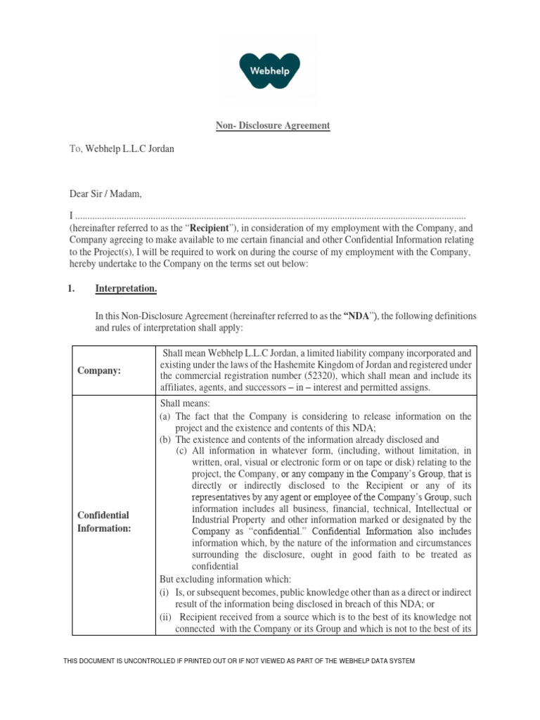 Webhelp Jordan Non-Disclosure Agreement | PDF | Indemnity | Non ...