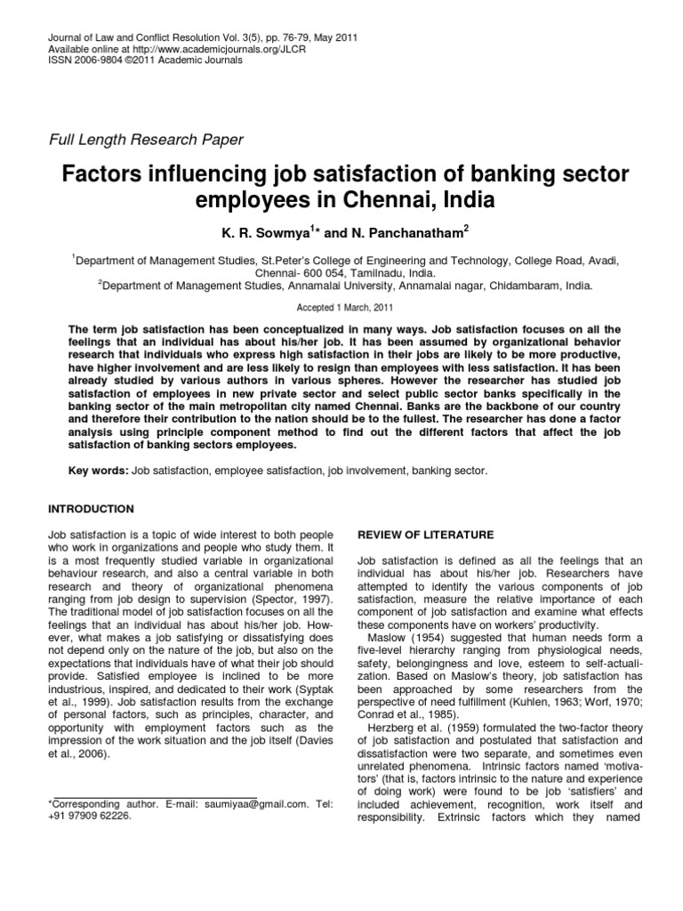 Factors Affecting Job Satisfaction in Banking Sector - India | PDF ...