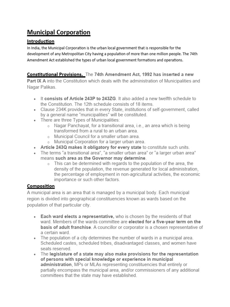 Municipal Corporation PDF Governance Government