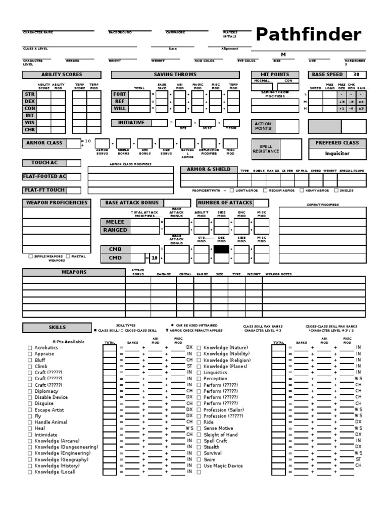 Pathfinder Character Sheet | PDF | Role Playing Games | Role Playing